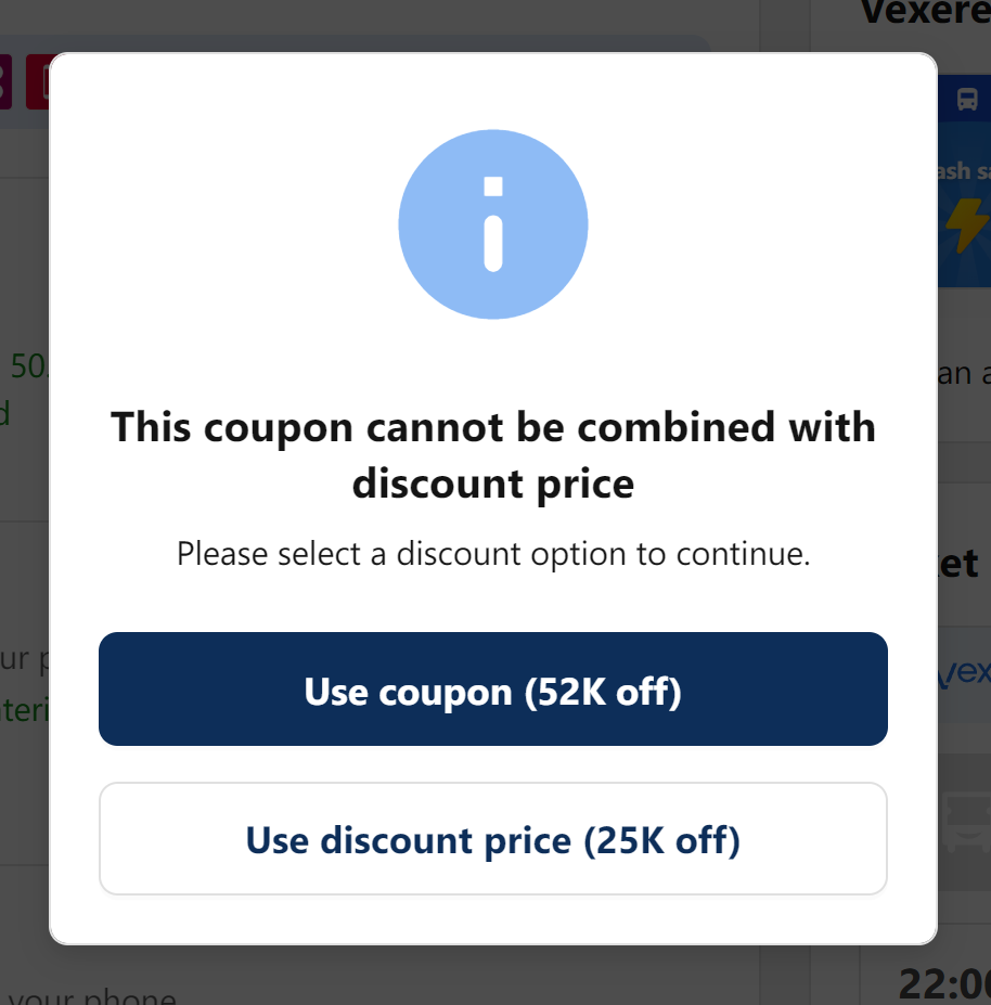 Coupon and discount conflict dialog in English