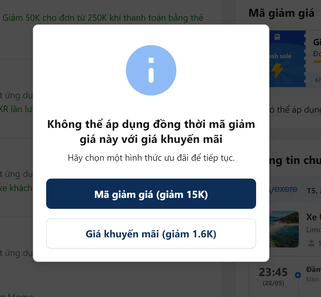 Hộp thoại xung đột giữa coupon và giảm giá bằng tiếng Việt